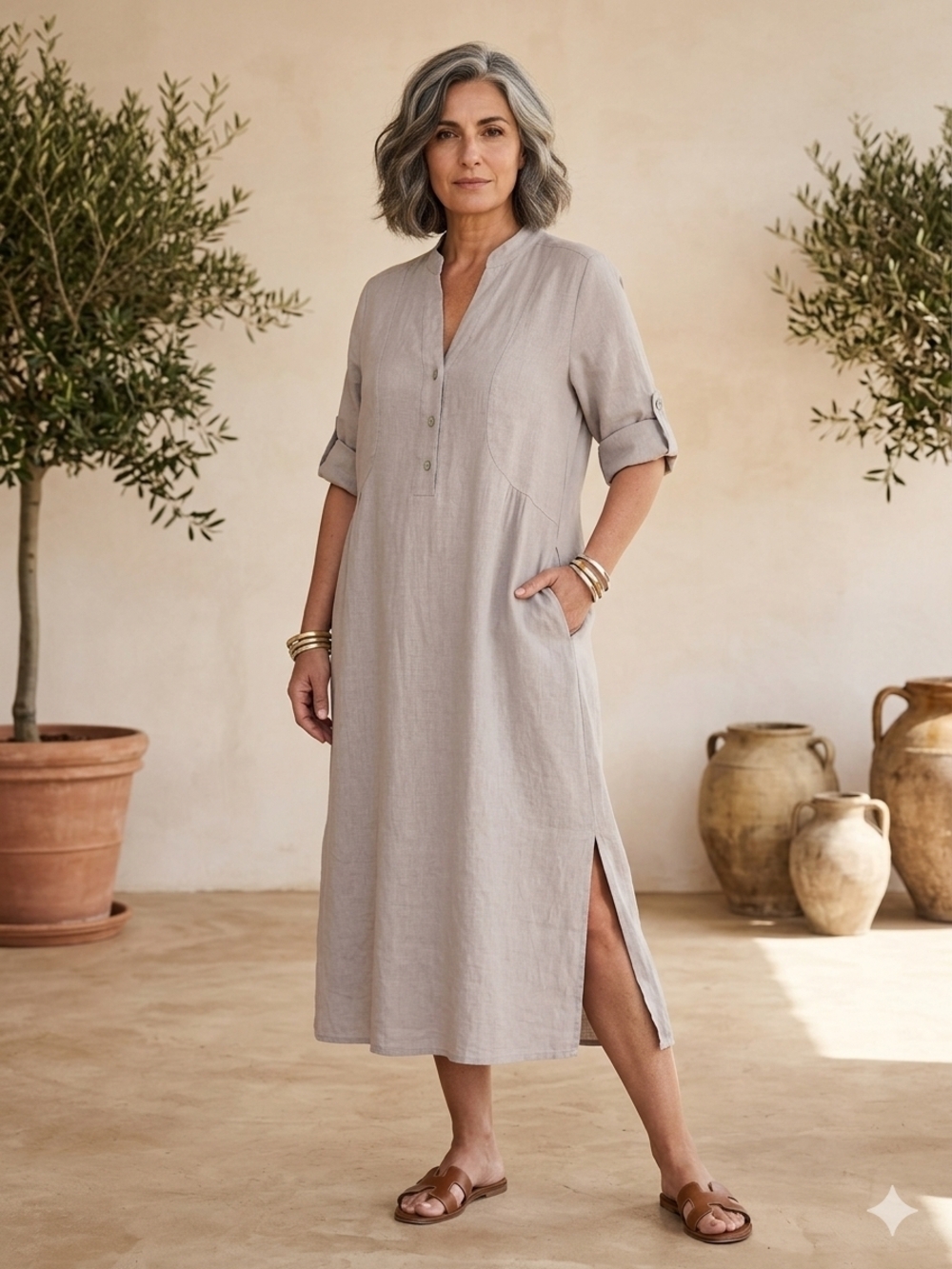 Italian Linen Relaxed Fit Midi Dress in Pale Gray
